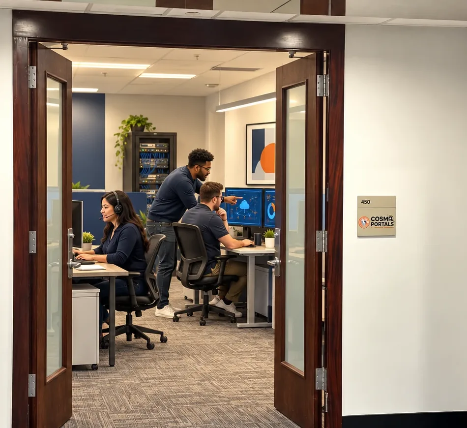 CosmoPortals team at work inside the Suite 450 office, seen through the open front doors