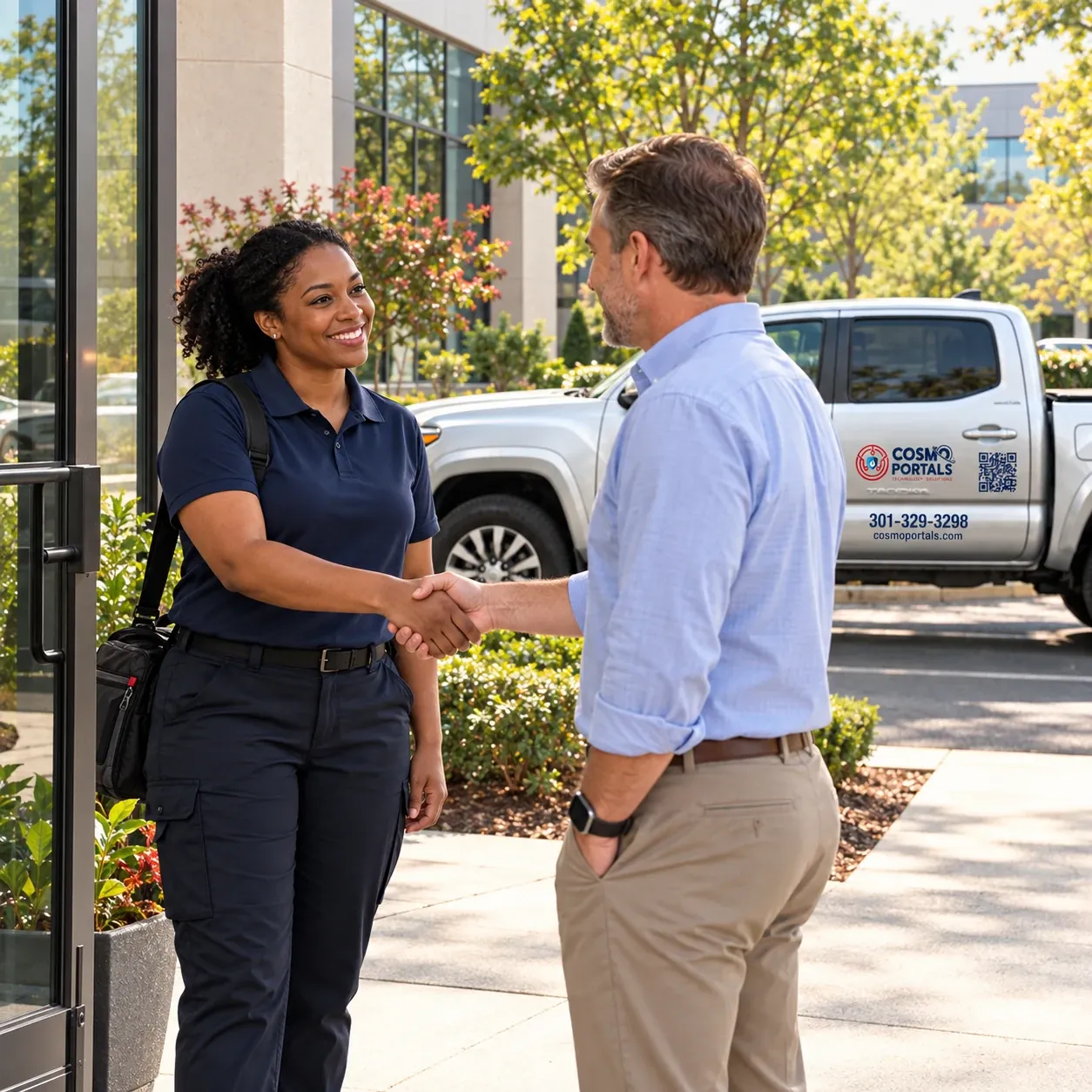 CosmoPortals technician shaking hands with a client outside an office, a company truck parked behind