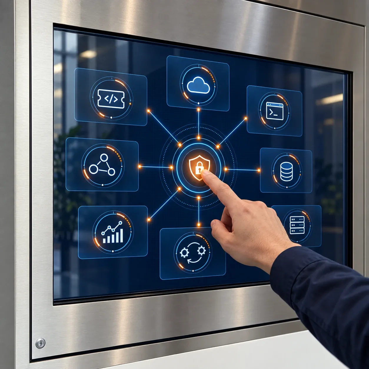 Hand touching a security shield at the center of a wall screen of connected technology icons